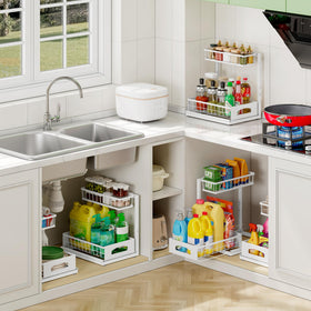 Fabutier under sink organizer rails and guard keep items stable.