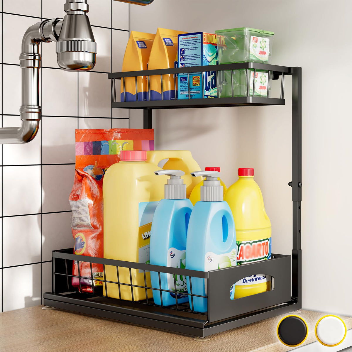 Fabutier under-sink organizer top view showing slim profile around pipes for tight cabinets