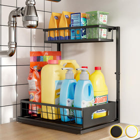 Fabutier under-sink organizer top view showing slim profile around pipes for tight cabinets
