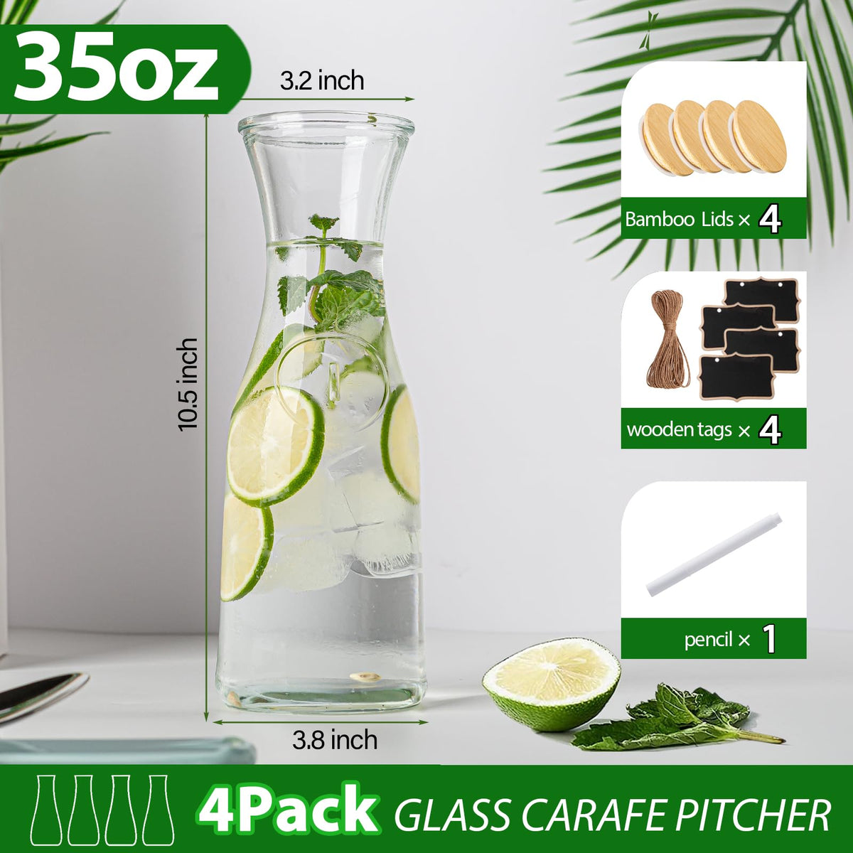Facilfeliz glass carafe with narrow neck for controlled pour and reduced drips.