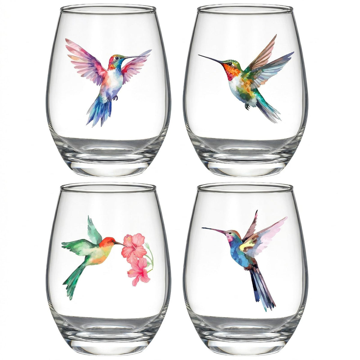 FACOYANS hummingbird stemless wine glasses set, 15oz, ideal for elegant entertaining.