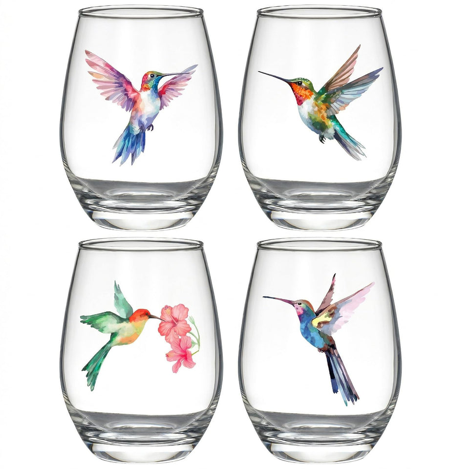 FACOYANS hummingbird stemless wine glasses set, 15oz, ideal for elegant entertaining.