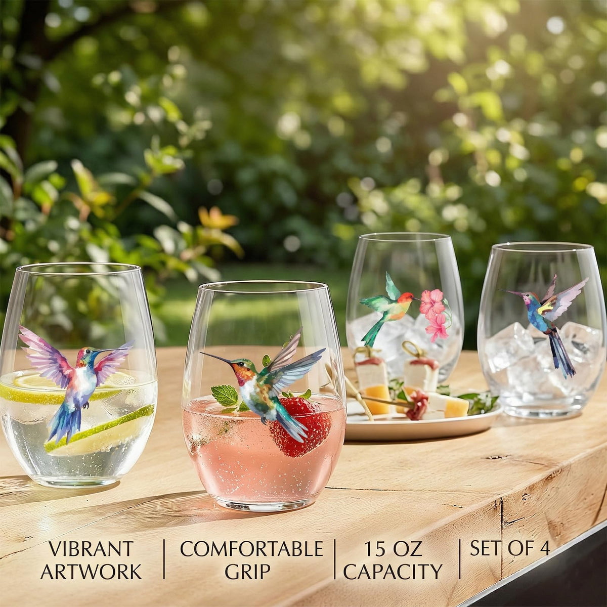 FACOYANS outdoor garden dining setup with hummingbird glasses for al fresco meals.