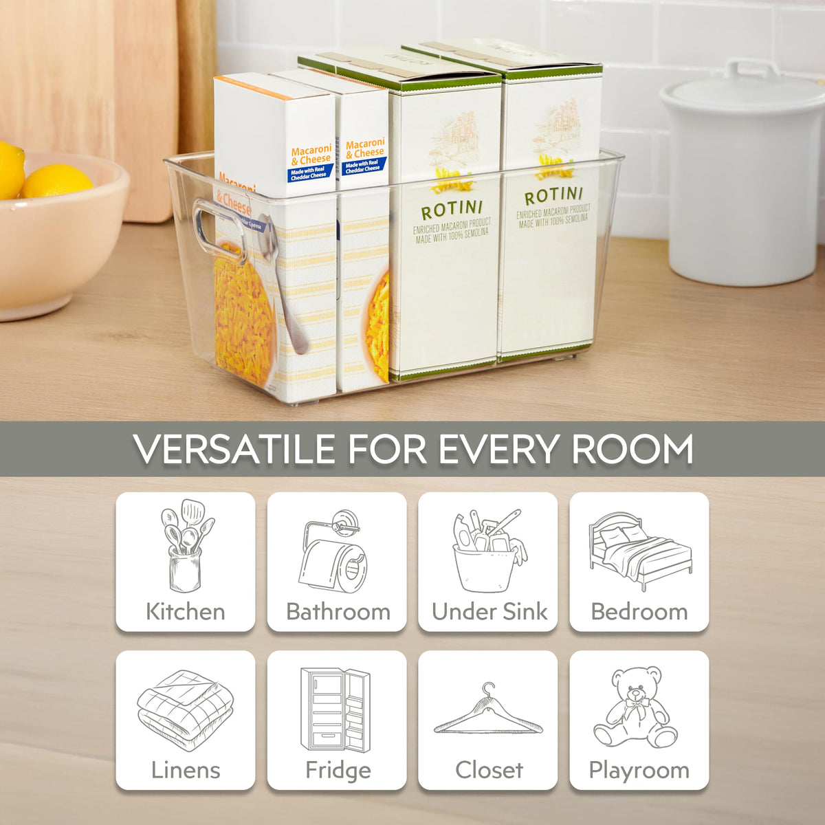 FAIRHOME fridge condiments in clear bin, easy reach and cleanup.