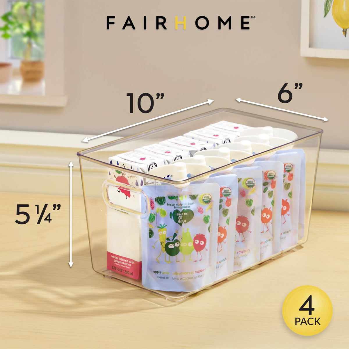 FAIRHOME set of four clear bins, stacked in cabinet for organization.