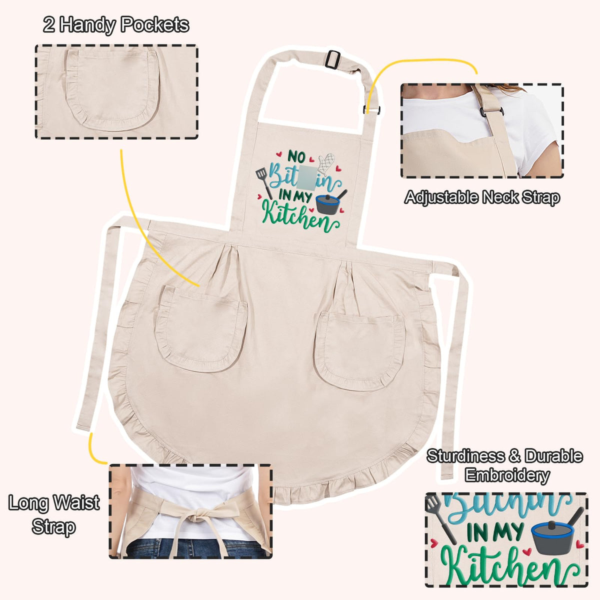 Fairy's Gift apron with pockets keeps utensils and phone within reach during meal prep.