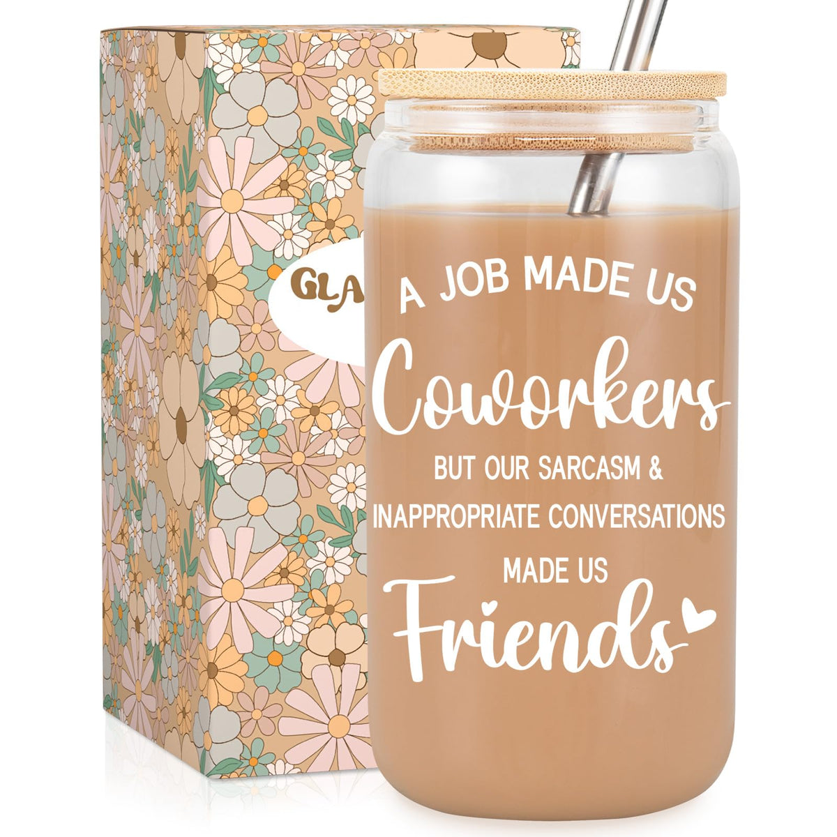 Fairy's Gift 16 oz glass coffee cup with lid and straw for office use.