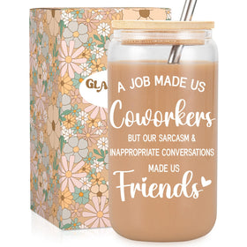 Fairy's Gift 16 oz glass coffee cup with lid and straw for office use.