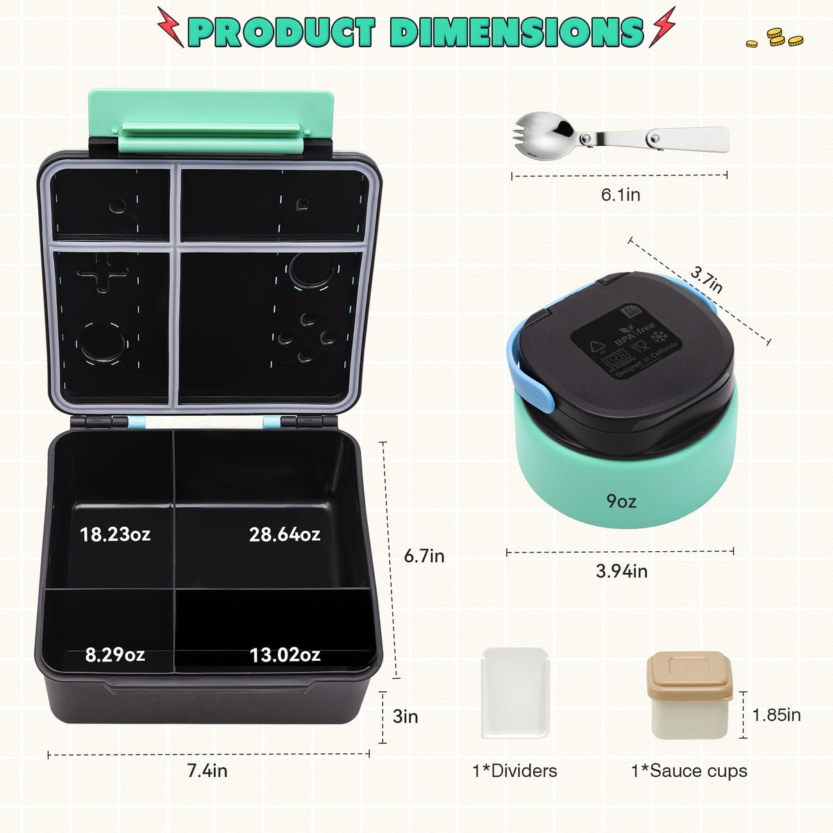 FAJSL lunch box materials shown as dishwasher-safe and durable