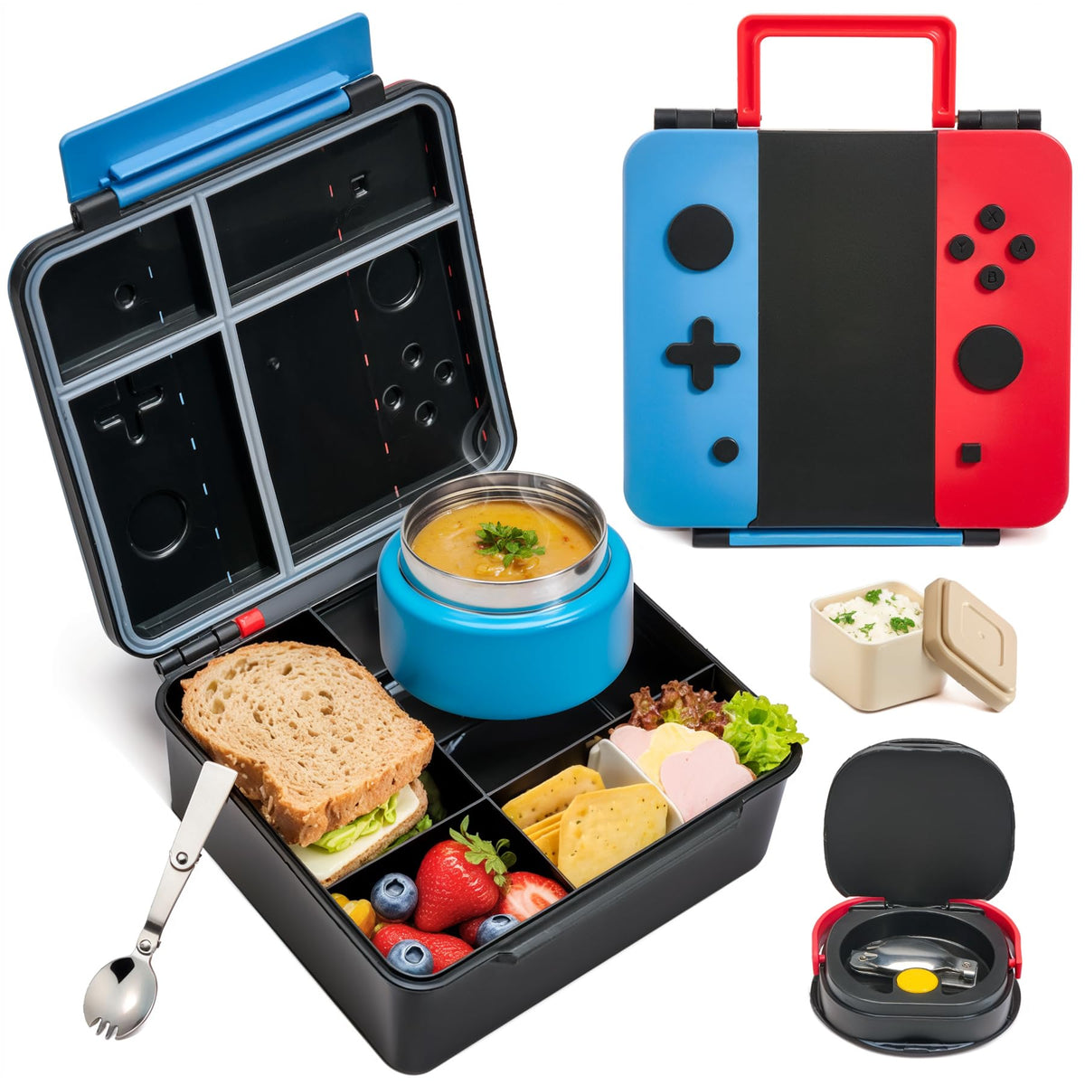 FAJSL Game Bento Box for Kids blue-red lid offers fun lunch storage for school use.