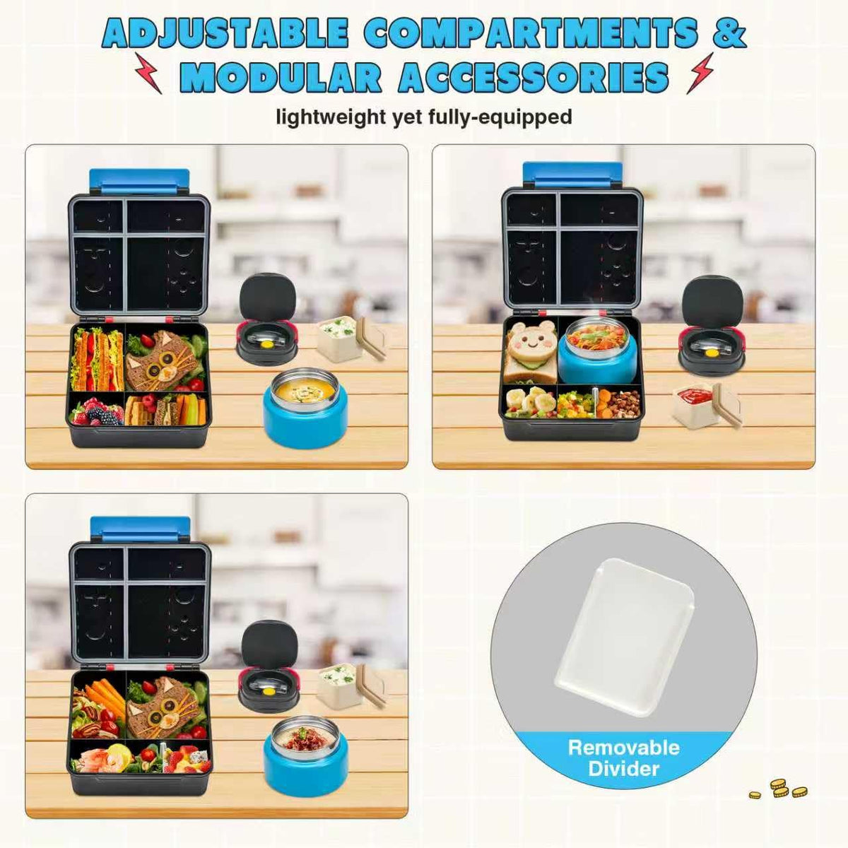 FAJSL removable-divider adapts compartments for sandwiches, fruit, and snacks.