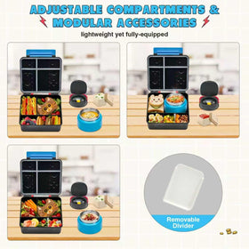 FAJSL removable-divider adapts compartments for sandwiches, fruit, and snacks.