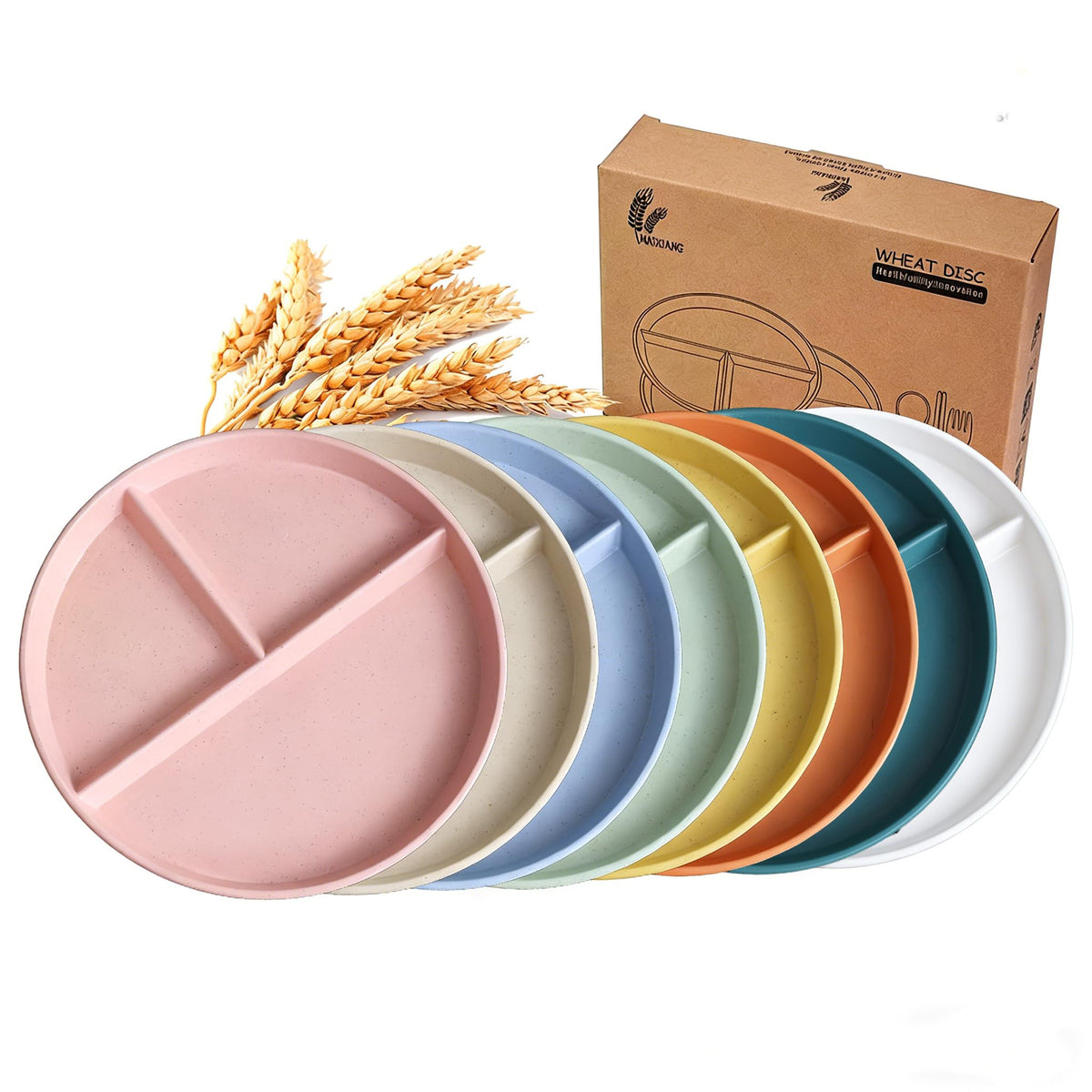 falichchch 9-inch large multicolor wheat straw divided plates emphasize durable, eco-friendly mealtime organization.
