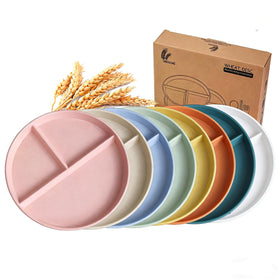 falichchch 9-inch large multicolor wheat straw divided plates emphasize durable, eco-friendly mealtime organization.