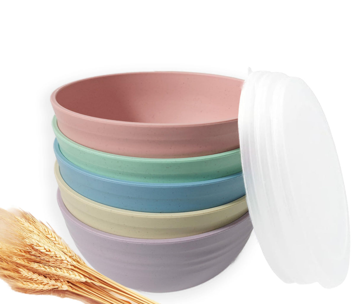 Falichchch 5-pack wheat straw bowls with lid pack shot for organized kitchen storage