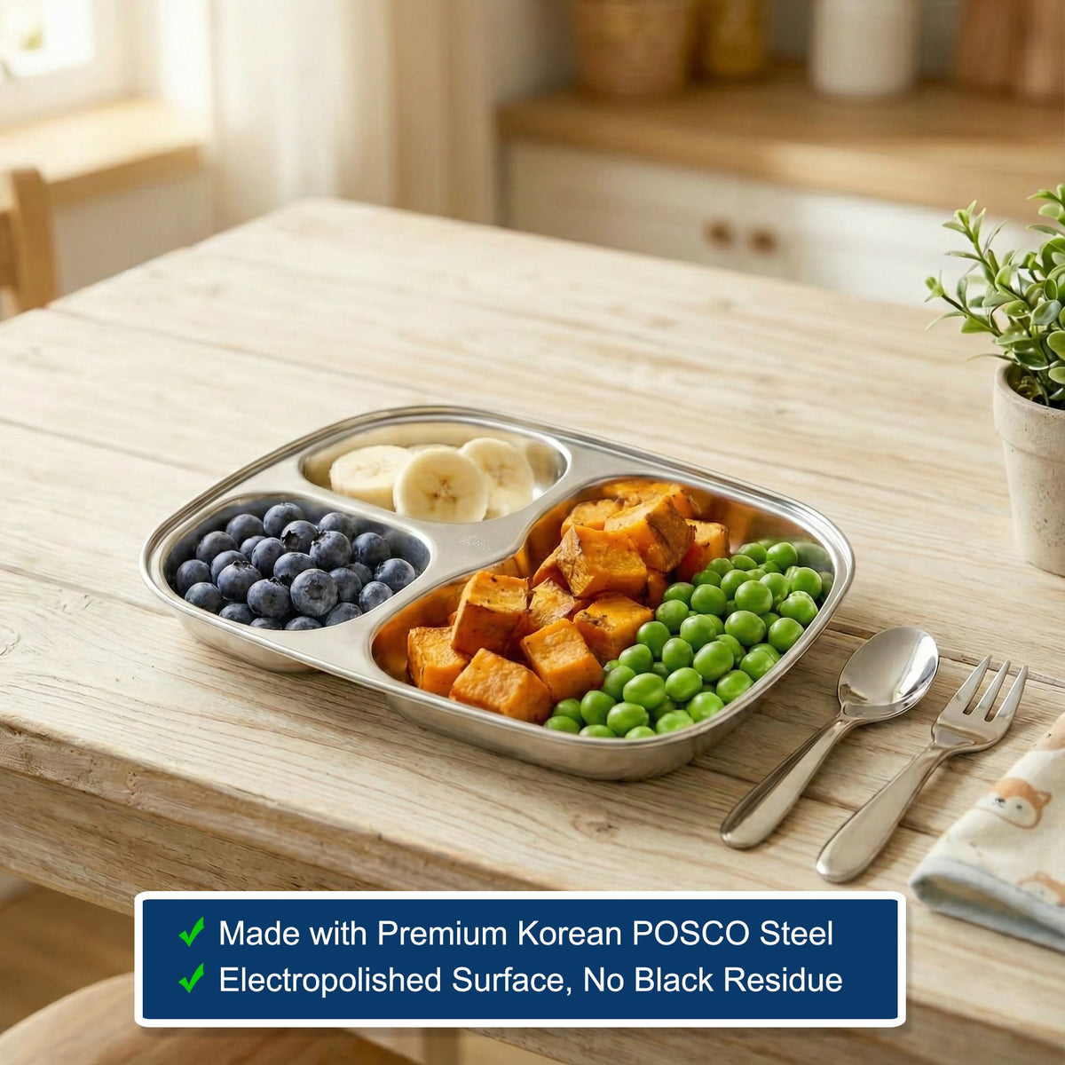 Fam 3 Compartment Tray three-compartment design keeps foods organized for toddlers.