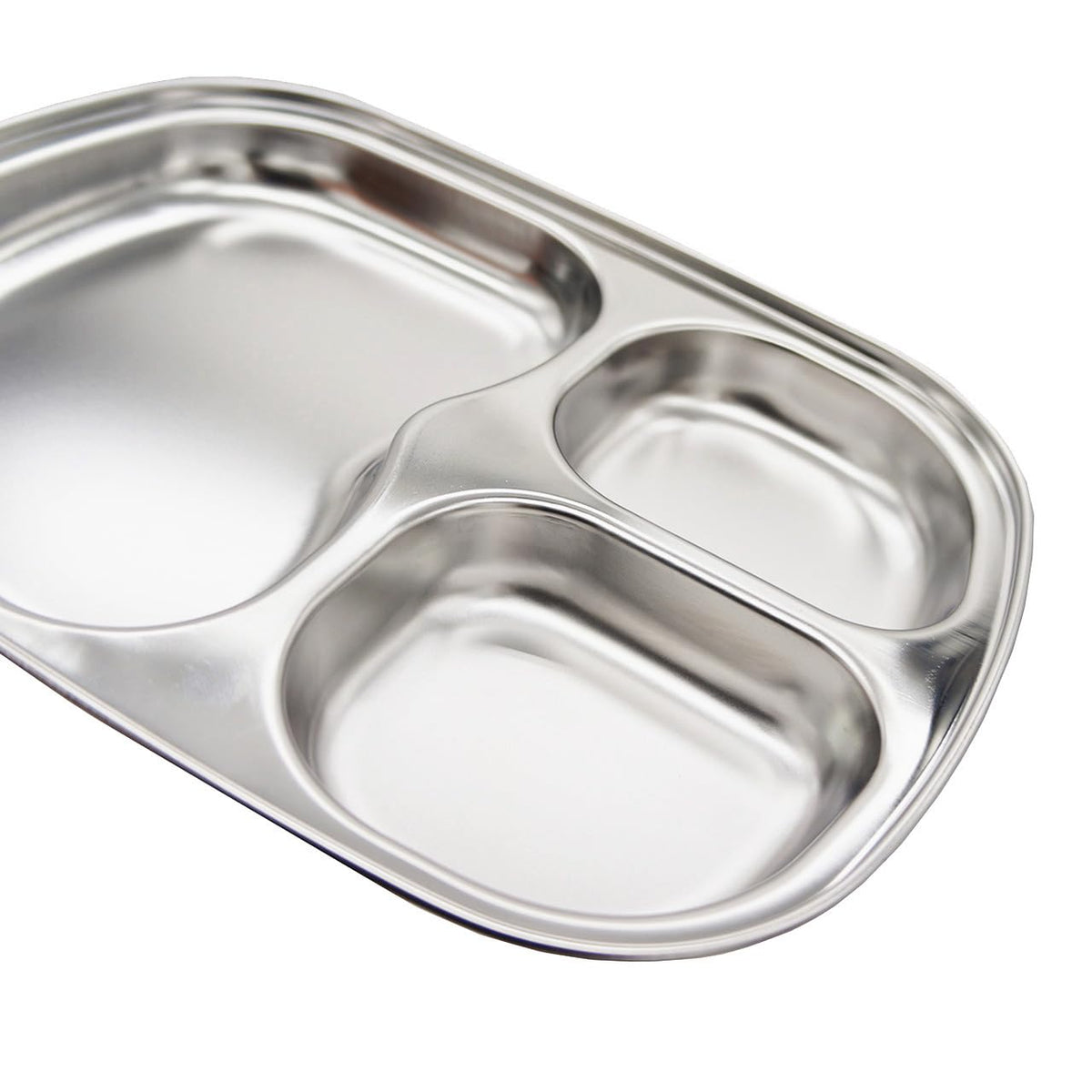 Fam 3 Compartment Tray with electro-polished finish, reduces metallic taste for kids.