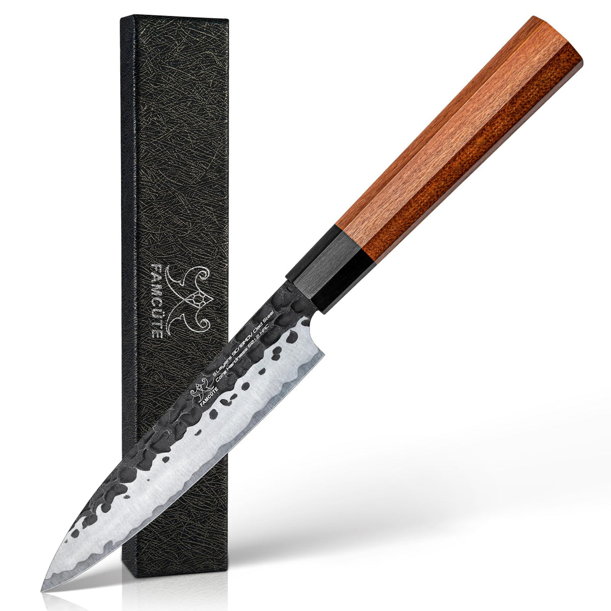 FAMCÜTE 5 inch paring knife blade close up highlighting a precise edge for delicate prep.