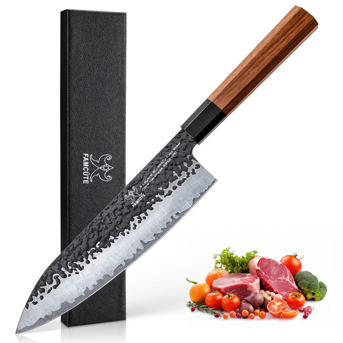 FAMCÜTE 8-inch knife blade close-up showing sharp, enduring edge for clean slices.
