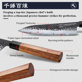 FAMCÜTE HRC 62 hardness blade symbolizes strong steel and rust resistance.