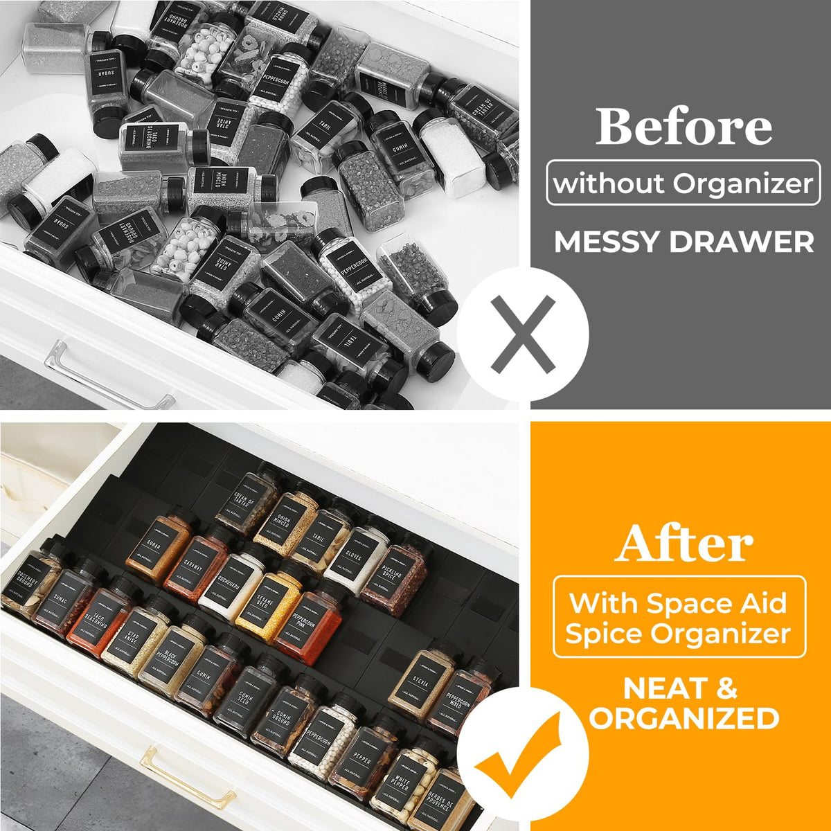 Famhap Spice Drawer holds spices, salts, and small bottles neatly.
