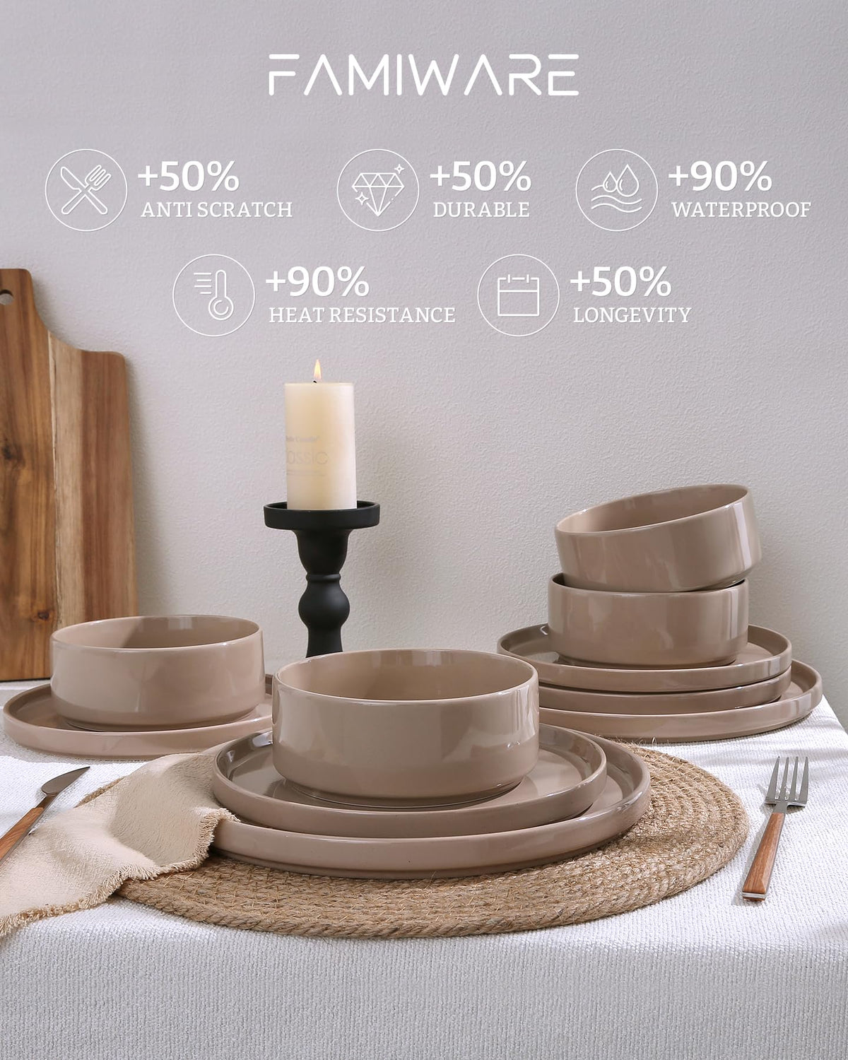 Famiware Nebula stackable design for space-saving dinnerware storage.