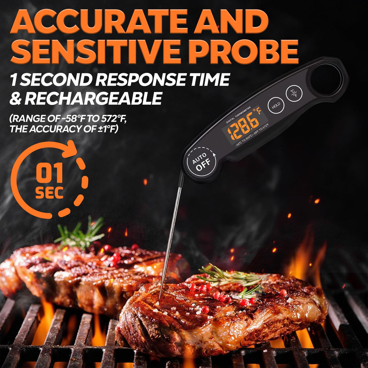 Famoos rechargeable thermometer with bright LED display for night cooking