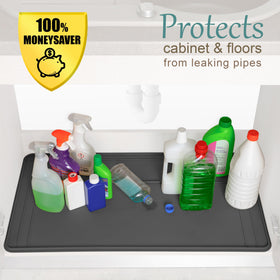 Famous Dino The Original Under Sink Mat removal for washing keeps cabinets tidy.