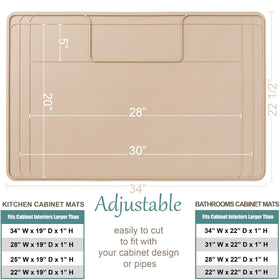 Famous Dino beige cut-to-fit under-sink mat adapts to tight spaces.
