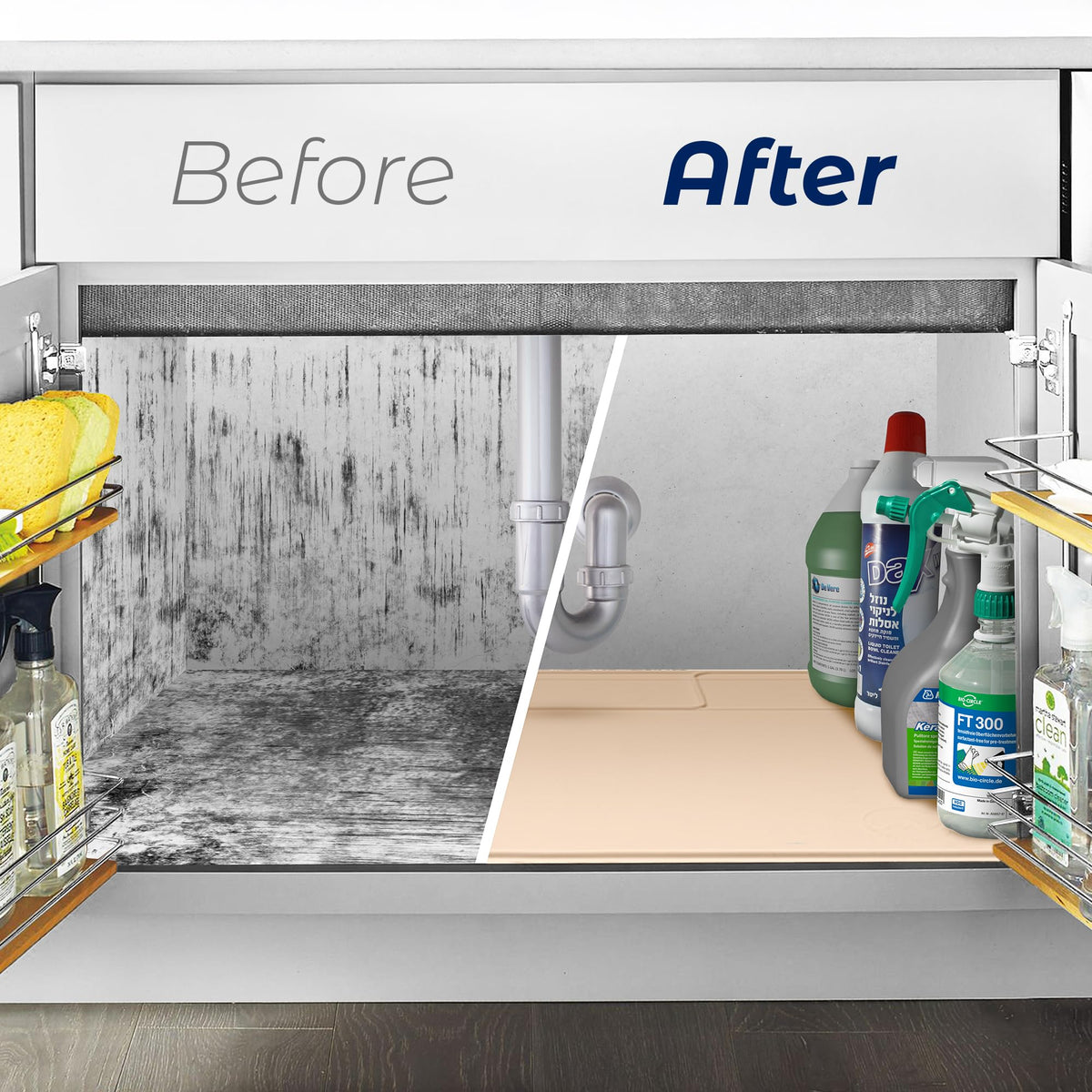 Famous Dino raised lip mat contains moisture under sinks.