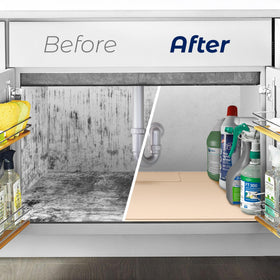 Famous Dino raised lip mat contains moisture under sinks.
