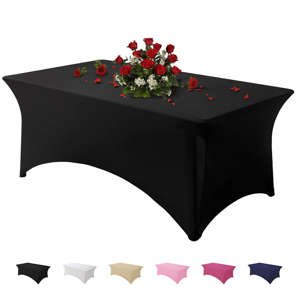 Famstar black 4ft spandex tablecloth with corner pockets for a secure, wrinkle-free fit