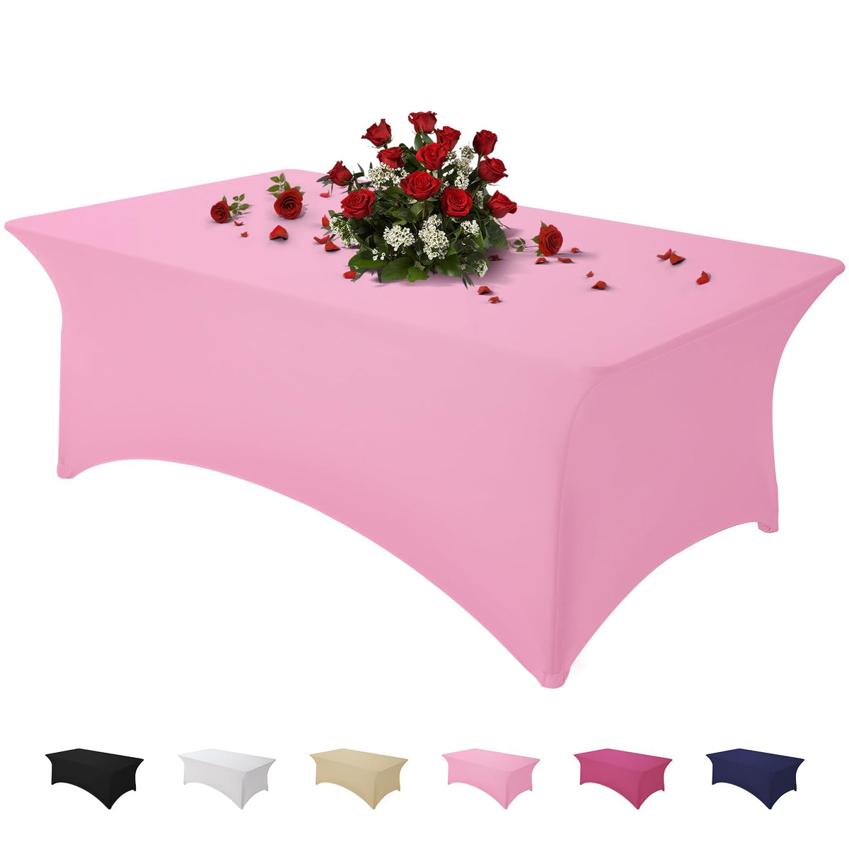 Famstar pink 8ft spandex tablecloth with snug fit on rectangle table