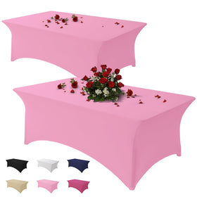 Famstar pink 6ft spandex tablecloth on a rectangle table for a snug, polished fit.