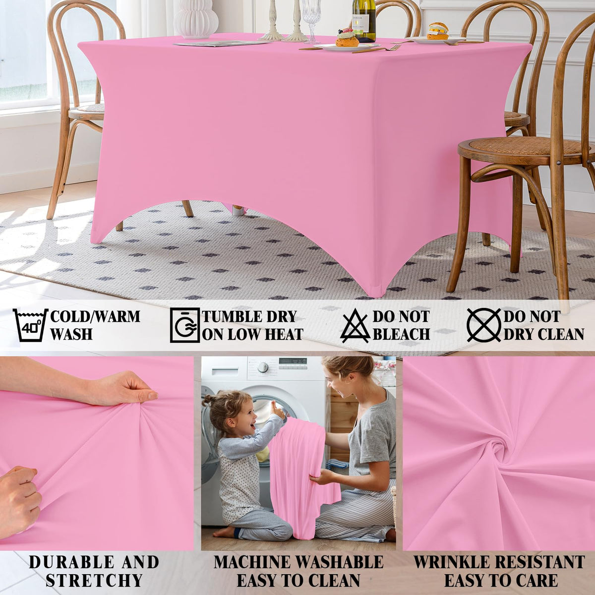 Famstar pink spandex fabric shows wrinkle resistance and easy care.