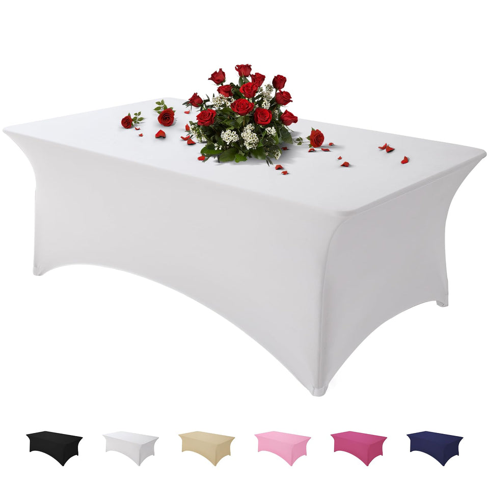 Famstar white 4ft rectangle tablecloth with corner pockets for secure fit.
