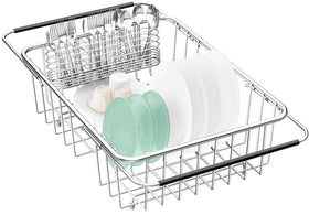Fanbsy over-sink dish drainer extended to fit larger sinks for efficient air drying