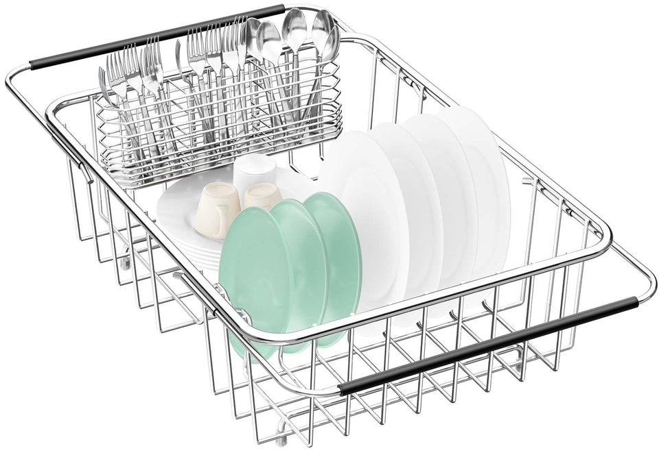 Fanbsy over-sink dish drainer extended to fit larger sinks for efficient air drying