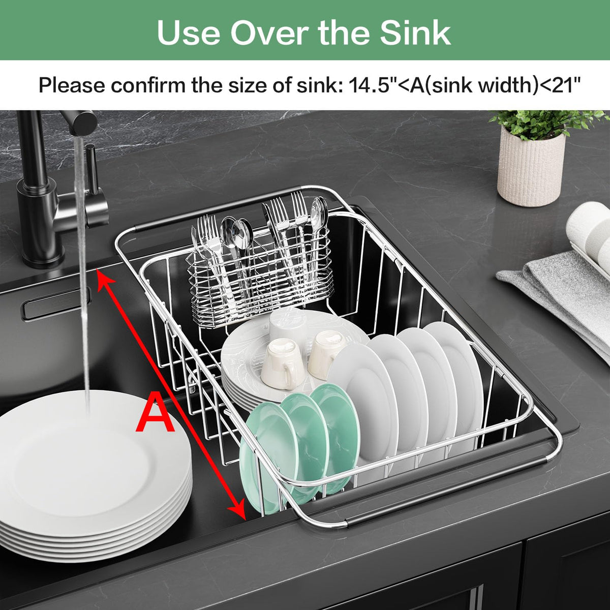 Fanbsy dish drying rack with removable silverware holder for easy sorting.