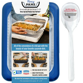 Fancy Panz denim blue pan carrier with lid for easy transport of hot dishes.