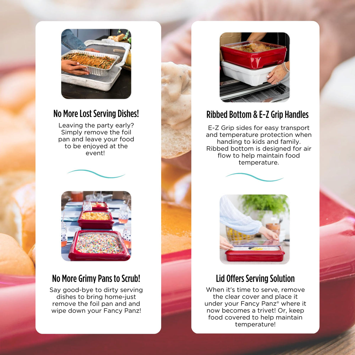 Sturdy, stackable Fancy Panz design for polished presentation.