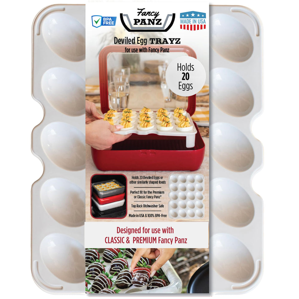 Fancy Panz Deviled Egg Trayz securely holds 20 eggs for transport.