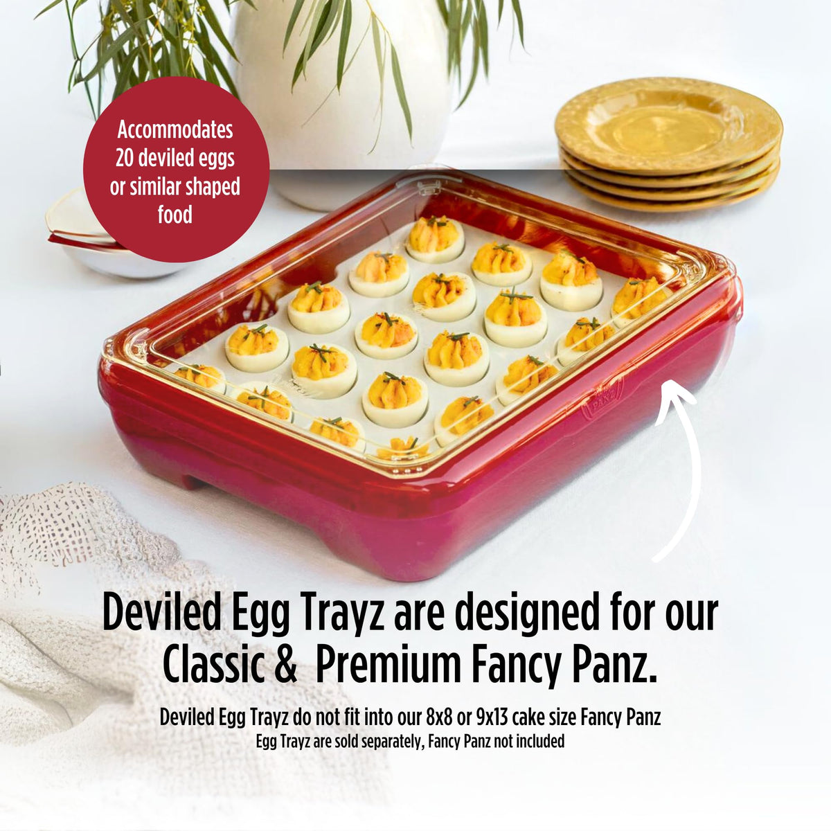 Fancy Panz Deviled Egg Trayz keeps berries and mushrooms organized beside eggs.