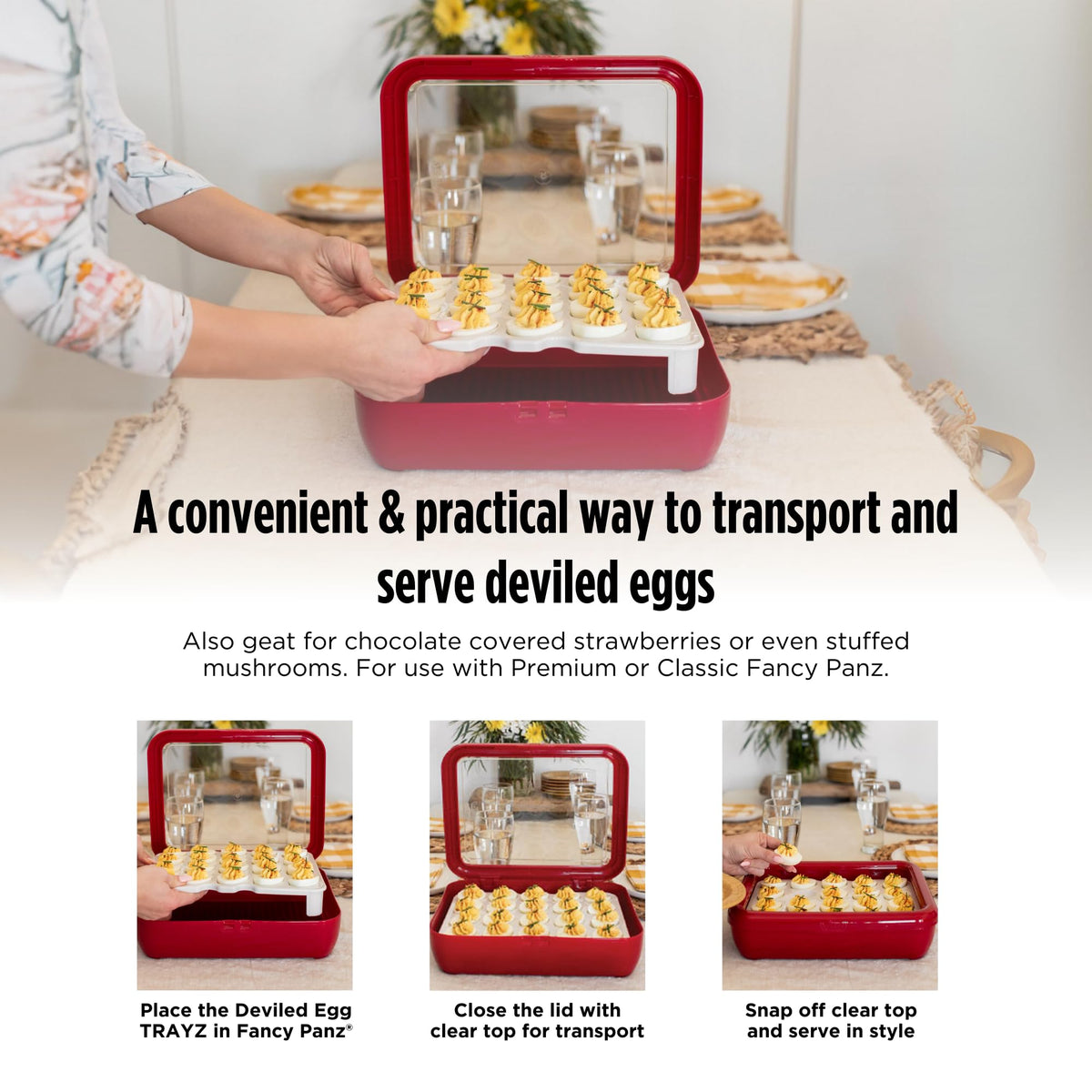 Fancy Panz Deviled Egg Trayz pairs with gel pack to keep servings warm.