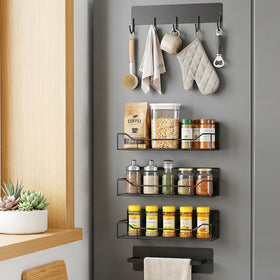 FancyMule magnetic spice rack on fridge in front view, showcasing compact space-saving storage.
