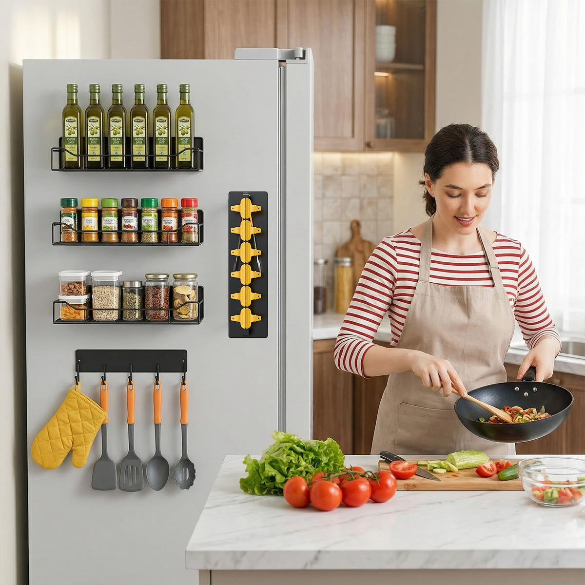 Kitchen organization with FancyMule rack improves countertop tidiness and flow.