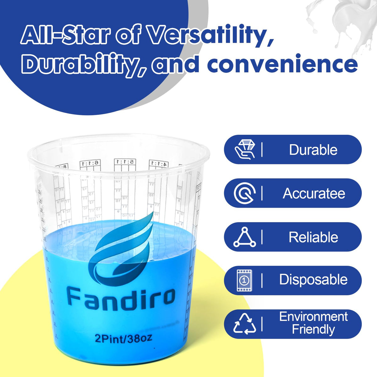 Fandiro measurement graduations show oz, ml and mixing ratios