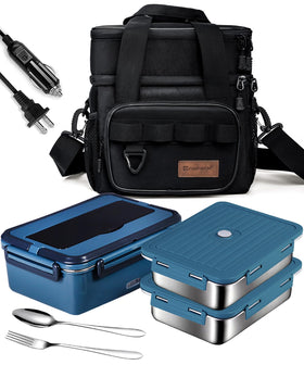 FanfanOK electric lunch box with flat design for quick, even heating on the go.