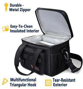 Insulated lunch bag with waterproof fabric protects contents all day.