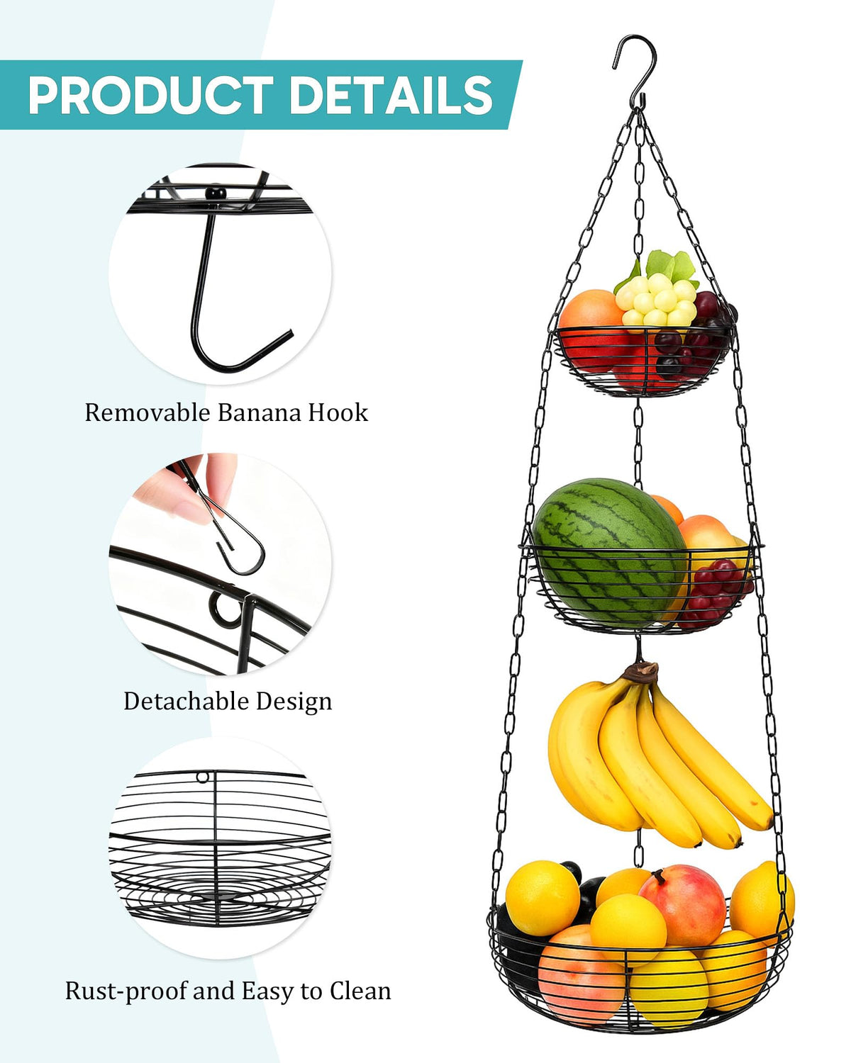 FANGSUN removable banana hook adds flexibility for ripe fruit handling.